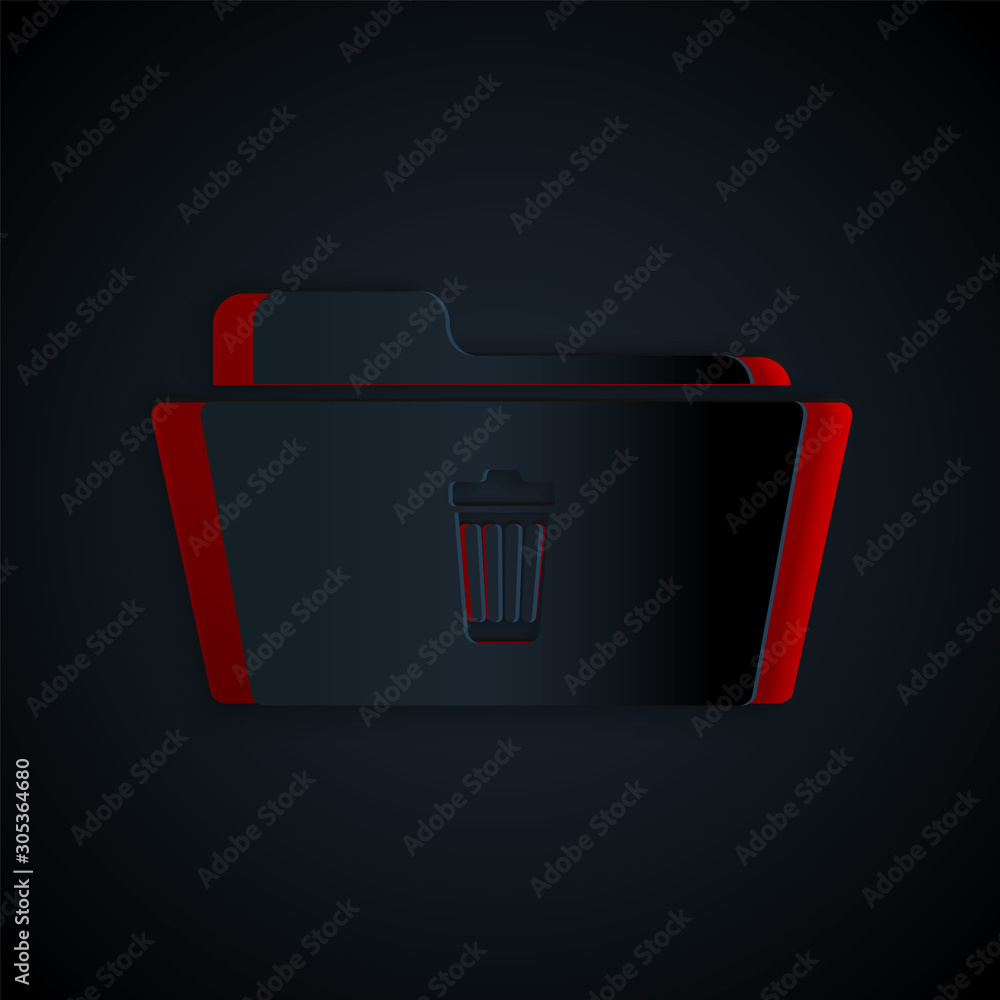 Poster paper cut delete folder icon isolated on black background. folder with recycle bin. delete or error 