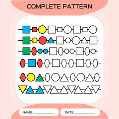 Complete repeating patterns. Worksheet for preschool kids. Practicing motor skills, improving skills tasks. Complete the pattern. Color beads. Red background. Square, circle, oval, triangle