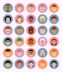 Set faces in circles, avatars, icons, people of different nationalities in flat style