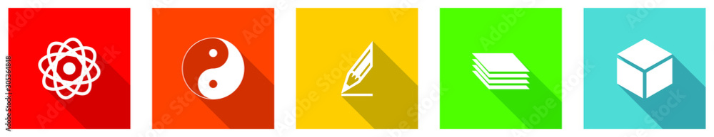 Fototapete Set of colorful web flat design vector icons,  science, yang, ying, cube and drawing buttons in eps 10 for webdesign and mobile applications on white background