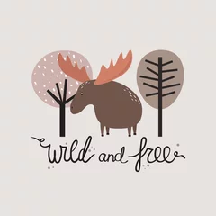 Fototapete Hand drawn illustration, deer, trees and english text. Wild and free. Colorful background vector. Poster design with animal and forest. Decorative cute backdrop, good for printing © Talirina