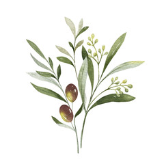 Naklejki  Akwarela wektor bukiet gałązek oliwnych i kwiatów.