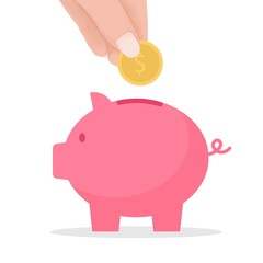 hand put coin to piggy bank. crowd funding and savings concept. Vector flat cartoon illustration for web sites and banners design.