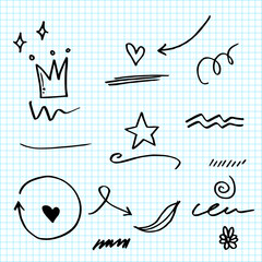 Hand drawn set elements on paper . Arrow, heart, love, speech bubble, star, leaf, sun,light,check marks ,crown, king, queen,Swishes, swoops, emphasis ,swirl, heart, for concept design.