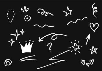 Hand drawn set elements. Arrow, heart, love, speech bubble, star, leaf, sun,light,check marks ,crown, king, queen,Swishes, swoops, emphasis ,swirl, heart, for concept design.