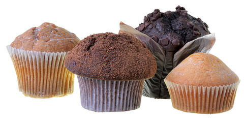 Set dark muffin decorated with chocolate chip top view Isolated