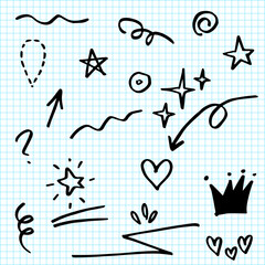 Hand drawn set elements on paper . Arrow, heart, love, speech bubble, star, leaf, sun,light,check marks ,crown, king, queen,Swishes, swoops, emphasis ,swirl, heart, for concept design.
