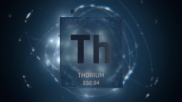 Thorium as Element 90 of the Periodic Table. Seamlessly looping 3D animation on blue illuminated atom design background with orbiting electrons. Design shows name, atomic weight and element number