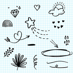 Obraz premium Hand drawn set elements, black on paper background. Arrow, heart, love, star, leaf, sun, light, crown, king, queen, swirl, for concept design.