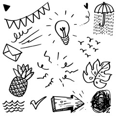 Hand drawn set elements, black on white background. Arrow, leaf, sun, light bulb, Swishes, pineapple, water, Check mark , umbrella, swoops, emphasis ,swirl,  for concept design.