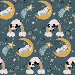 Wall murals Sleeping animals Vector seamless pattern with cute animals fliyng and sleeping on moon and rainbow.