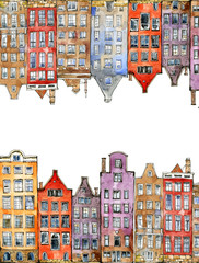 Watercolor sketch or illustration of a beautiful view of traditional residential buildings or urban architecture in Amsterdam in the Netherlands