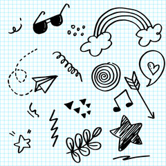 Doodle set elements on paper. Arrow, heart, love, star, leaf, paper airplanes, glasses, music note, for concept design.