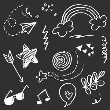 Doodle Set Elements, White  On Black Background. Arrow, Heart, Love, Star, Leaf, Paper Airplanes, Glasses, Music Note, For Concept Design.