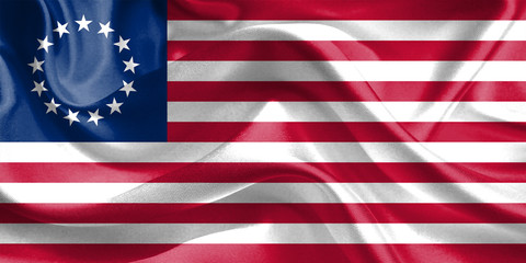 Betsy Ross USA 13 Colonies Flag. Waving Rippled Flags. 3D Realistic Background Illustration in Silk Fabric Texture