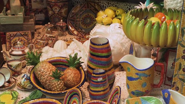 Display of traditional Sicilian pottery in a shop windo in Sicily