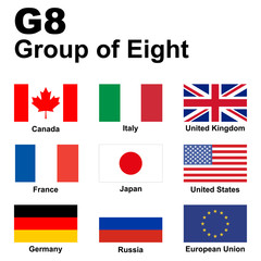 G8 (Group of Eight). Flags of member countries, icon set. Vector illustration.