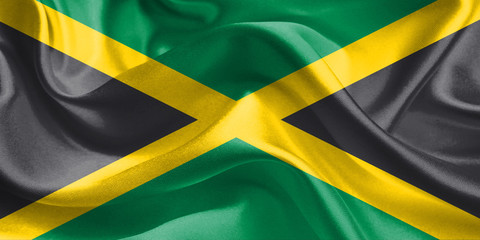 Jamaica Flag. Waving Rippled Flags. 3D Realistic Background Illustration in Silk Fabric Texture
