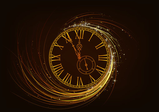 New Year Greeting Card with Sparkling Clock Face - Abstract Background Illustration with Sparkle Effects on Black, Vector Graphic