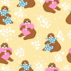 Little sloth bears sitting and hug blue pillow with polka dots and hearts pillows in cartoons style on pastels yellow background with white spots. Vector seamless pattern with sloths.