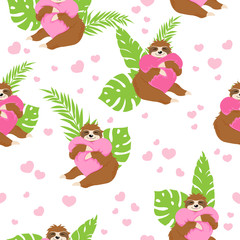 Cute sloths bears huging pink hearts pillow on white background with green tropical leaves and hearts in cartoons style. Vector seamless pattern with little sloth. Print for St. Valentines Day