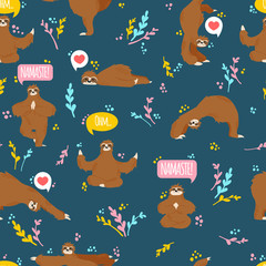 Little sloth bears doing yoga in different poses on dark blue background with speech bubble and text and colorful leaves. Vector seamless pattern with hand drawn sloth with various poses. © Juri Kam
