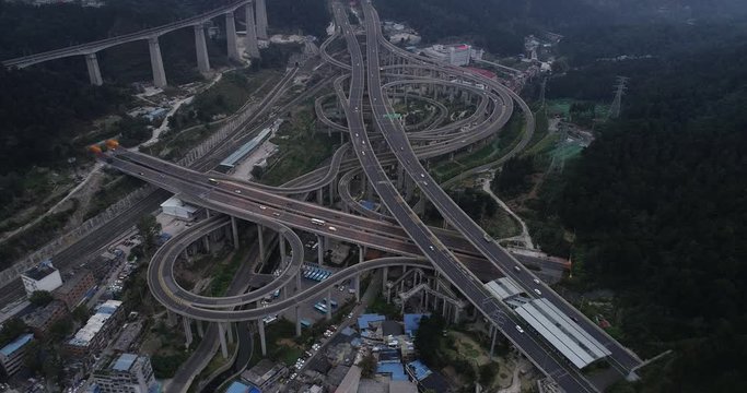 aerial view of buildings and highway interchange in dawn in Guiyang, China