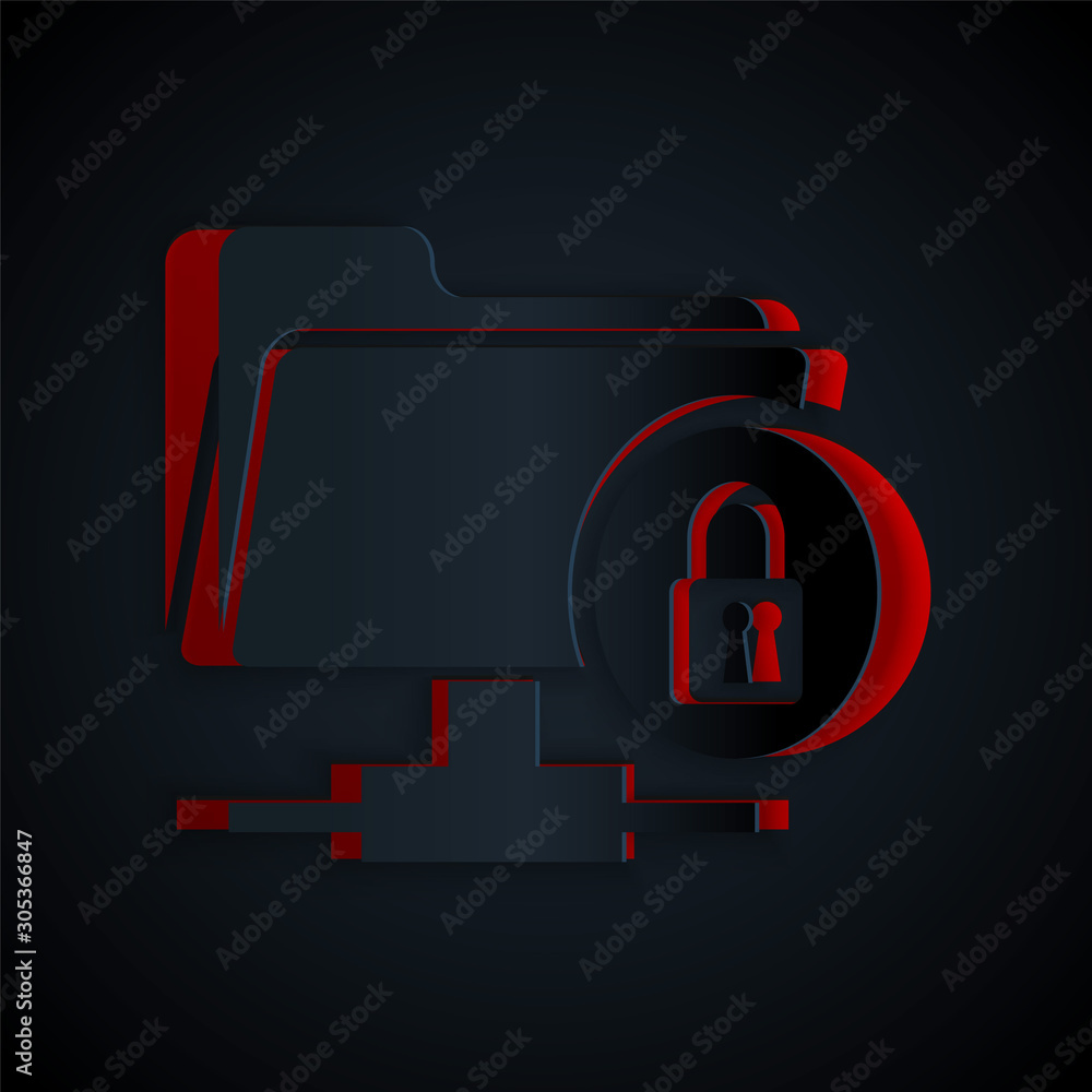 Poster paper cut ftp folder and lock icon isolated on black background. concept of software update, ftp tra