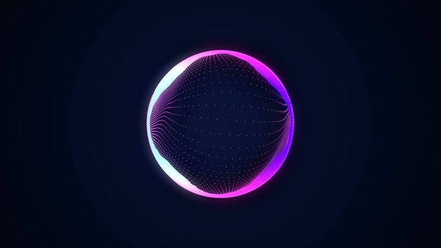 Abstract 3d animation. Colorful sphere made of audio reacting particles. Music background.
