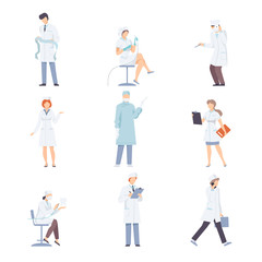Medical Workers In White Uniform In Different Actions Flat Vector Illustration Set