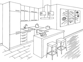 Kitchen room graphic black white home interior sketch illustration vector