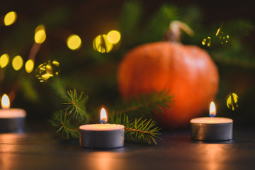 Christmas pumpkins on wooden background with lights