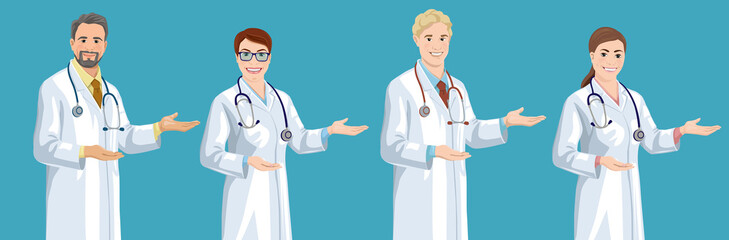 Set of smiling young and middle-aged European doctors. Handsome men and cute women wearing a lab coat stands and points sideways by hand palm. Isolated vector illustration