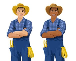 Set of European and African American farmers wearing checkered shirt, overall and hat stands with arm crossed. Vector illustration isolated on the white background.