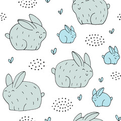 Seamless texture with funny rabbits and hand drawn elements.