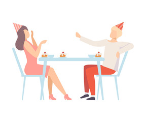 Couple In Holiday Clothes Talking, Eating Desserts And Drinking Hot Beverages Vector Illustration Isolated On White Background