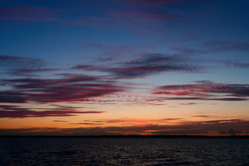 Red clouds at sunset over a lake