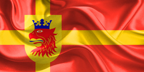 Scania Sweden Skane Flag. Waving Rippled Flags. 3D Realistic Background Illustration in Silk Fabric Texture