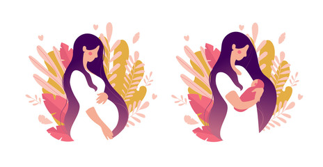 Set of illustrations about pregnancy and motherhood. Pregnant woman with tummy on a background of leaves. Girl with a newborn baby on a natural background. Flat stock vector illustration isolated on a