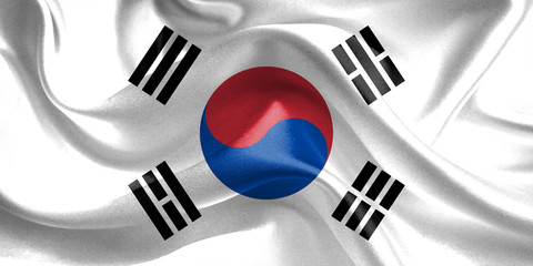 South Korea Flag. Waving Rippled Flags. 3D Realistic Background Illustration in Silk Fabric Texture