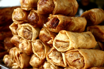 Pile of freshly fried monggo sprout rolls