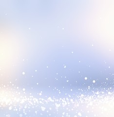 Sequins and sparkles on light blurred background. Empty pale violet interior. Glitter on floor. Abstract winter texture. 3d illustration room. Festive style.