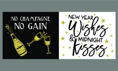 Happy New Year typographic emblems set. Vector logo, text design. Black, white and gold. Suitable for banners, greeting cards, gifts, etc.
