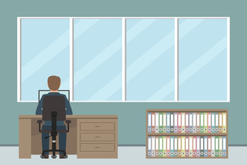 Caucasian man working on computer in office. Vector illustration.