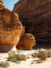 Face shaped natural rock formation in the desert of Wadi Rum