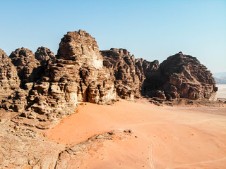 Rocky outcrop in the desert of Wadi Rum in the morning