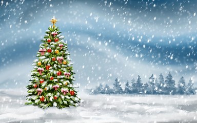 Fototapeta na wymiar christmas tree on winter background, Decorative Christmas wallpaper, art illustration painted with watercolors