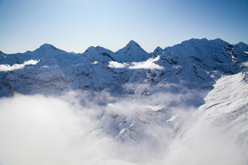 amazing snow covered peaks in the Swiss alps Jungfrau region from Schilthorn