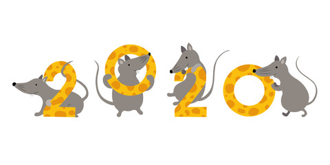 Cute and funny rats playing with cheese numbers. Symbol of New Year 2020. Great design element for Christmas and New Year cards, t-shirt, invitation, print, poster. Vector illustration.