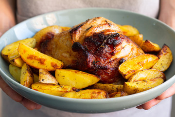 baked pork on a plate close-up